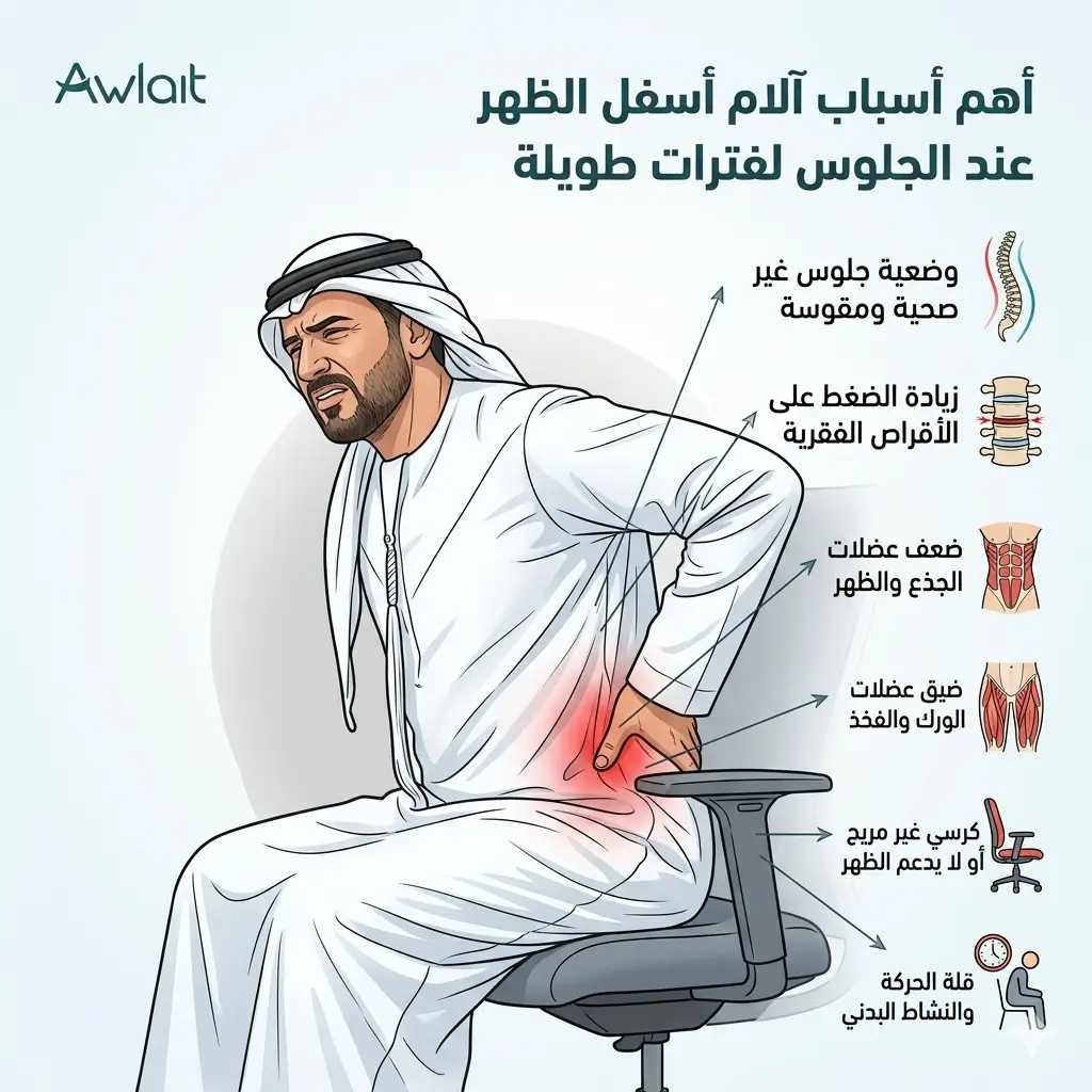 رسم توضيحي يوضح أهم أسباب آلام أسفل الظهر عند الجلوس لفترات طويلة