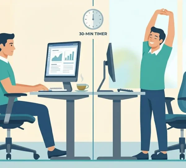 A comparison showing a person taking a stretching break to reset their Proper Sitting Posture.