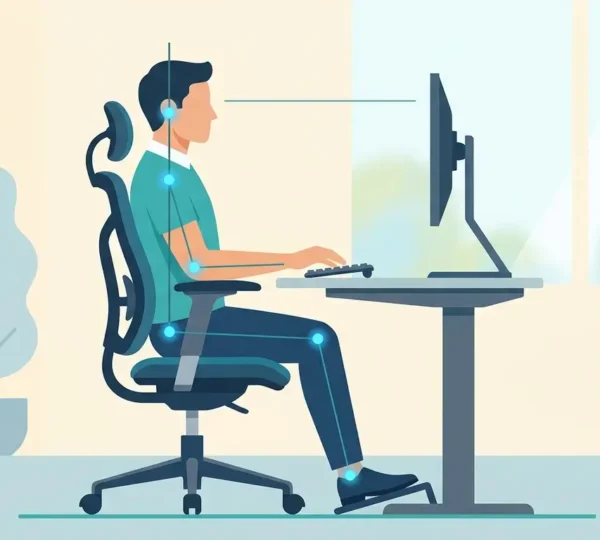 A visual guide illustrating the key alignment points for achieving Proper Sitting Posture at a work desk.