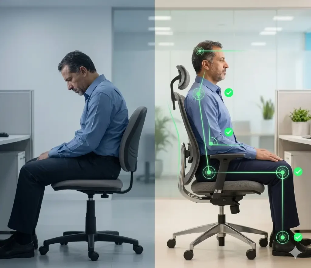 Split-screen view showing poor versus Proper Sitting Posture with green graphical lines for alignment checking