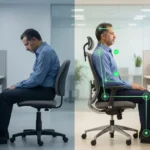 Split-screen view showing poor versus Proper Sitting Posture with green graphical lines for alignment checking