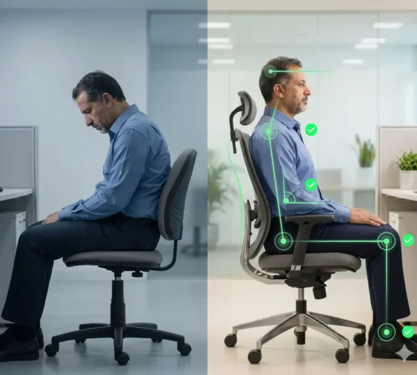 Split-screen view showing poor versus Proper Sitting Posture with green graphical lines for alignment checking