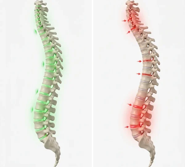 الفرق بين وضعية العمود الفقري السليمة ووضعية الانحناء المسببة للألم