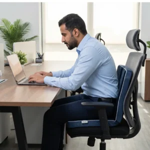 استخدام مخدة طبية للظهر لدعم الفقرات القطنية أثناء العمل المكتبي