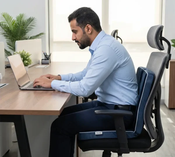 استخدام مخدة طبية للظهر لدعم الفقرات القطنية أثناء العمل المكتبي